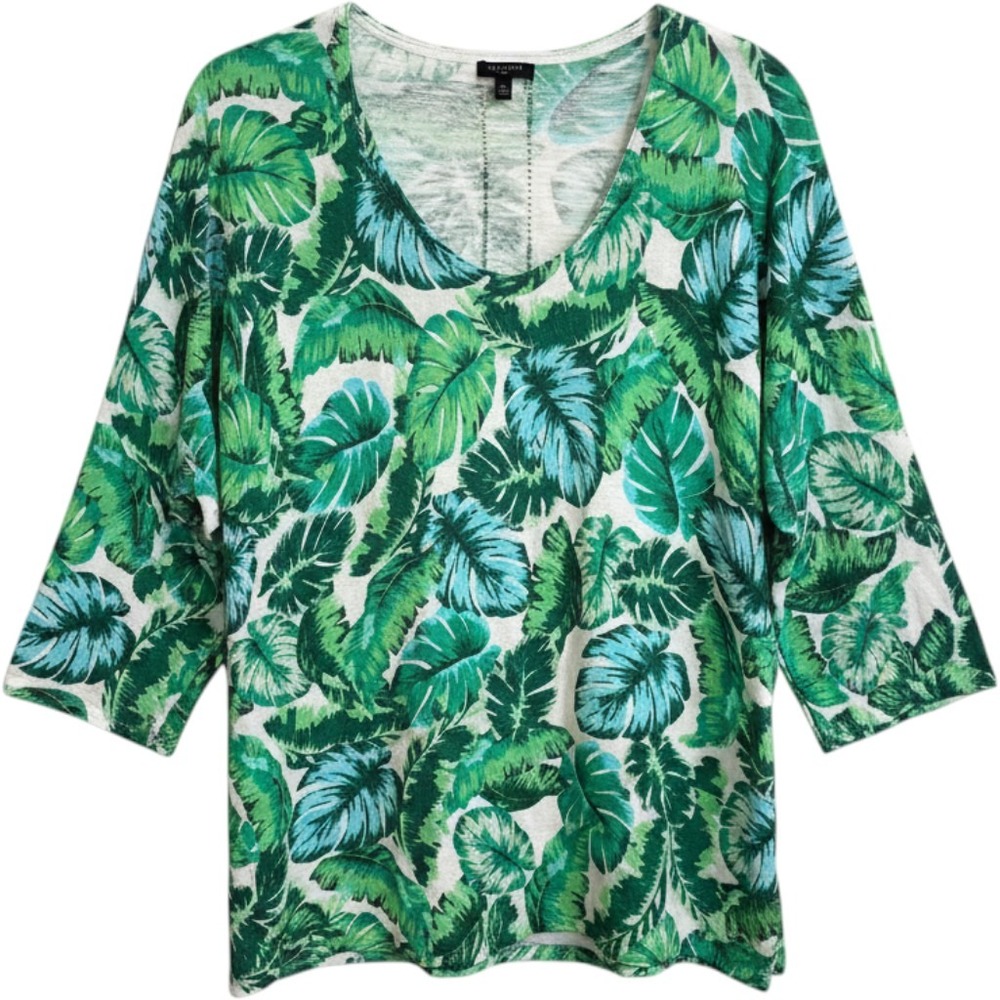 Talbots Plus Womens 2X Green Tropical Palm Leaf Cotton 3/4 Sleeve Sweater Top